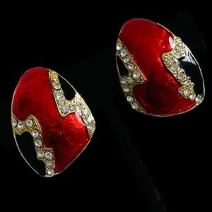 Vintage 80s Red And Black Clip Earrings With Clear Rhinestones
